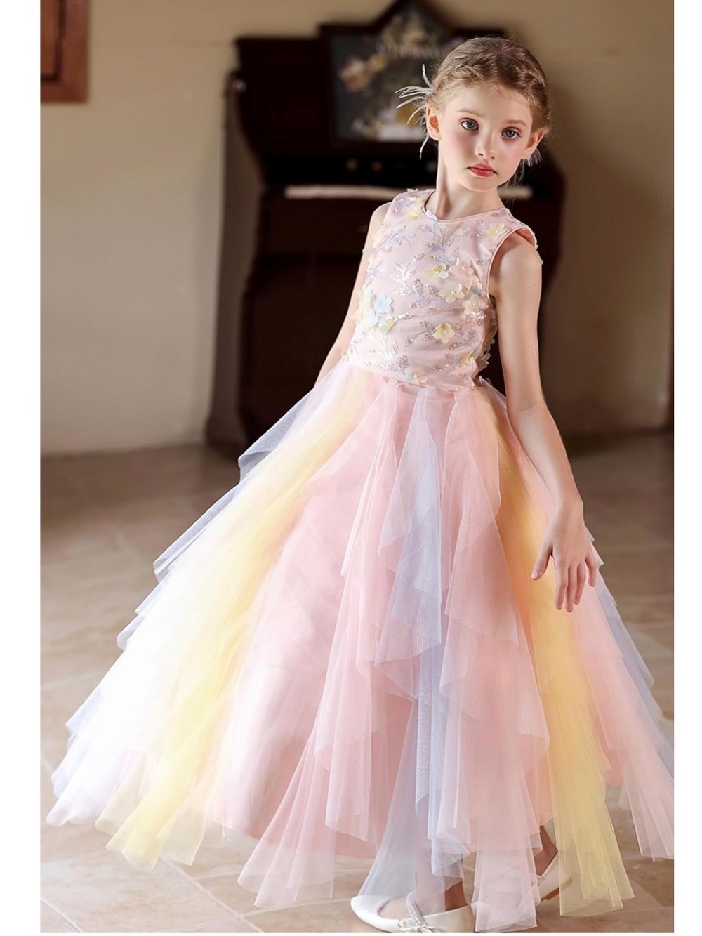 Girls' Pastel Rainbow Layered Tulle Dress